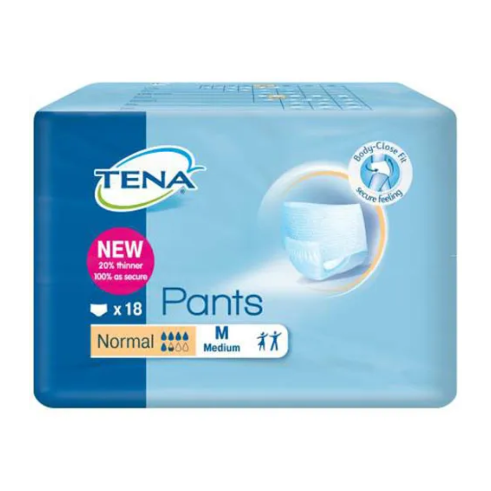 De afbeelding toont een verpakking TENA Pants Normal incontinentiebroekjes, speciaal gemaakt door TENA - Essity Germany GmbH voor blaaszwakte. Ze bevat 18 broekjes van gemiddelde grootte met 'normale' absorptiecapaciteit, en de verpakking benadrukt een 20% dunner ontwerp en een comfortabele pasvorm tegen een blauwe achtergrond met de productbranding.
