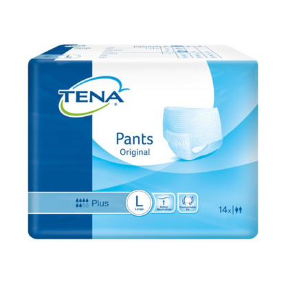 Eine Packung TENA Pants Original Plus Inkontinenzpants von TENA – Essity Deutschland GmbH kommt in blau-weißer Verpackung daher, was auf die Saugstärke „Plus“ hinweist. Sie ist in der Größe „Large“ erhältlich und beinhaltet 14 Einwegunterhosen zur Behandlung von Blasenschwäche.
