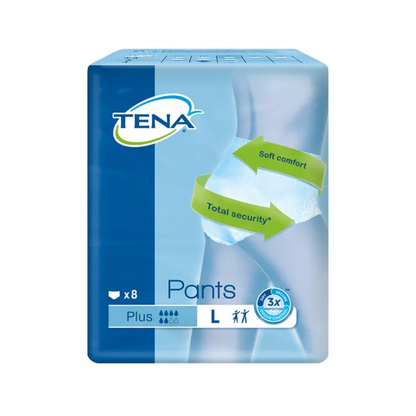 Auf der Verpackung der TENA Pants Plus ConfioFit Inkontinenzpants in Größe L ist ein Bild des Produkts zu sehen, auf dem Etiketten wie „Weicher Komfort“ und „Totale Sicherheit“ hervorgehoben sind. Diese Packung von TENA – Essity Germany GmbH ist perfekt für Personen mit Blasenschwäche und enthält 8 Stück. Sie ist mit Symbolen versehen, die die Verwendung und Saugstärke demonstrieren und so zuverlässigen Schutz gewährleisten.