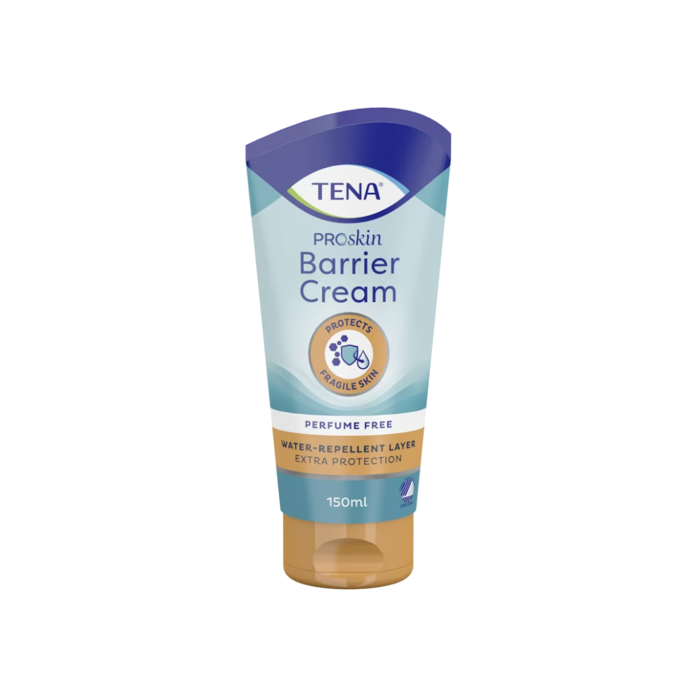 Die TENA ProSkin Barrier Cream, pflegende Creme | Packung (150 ml), von Essity Germany GmbH, ist ideal für empfindliche Haut. Die blau-braune Verpackung betont wichtige Merkmale wie „Schützt empfindliche Haut“ und „Parfümfrei“ und verfügt über eine wasserabweisende Schicht für verbesserten Schutz, was sie zu einem Must-have in jeder Hautpflegeroutine macht.