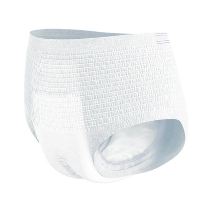 Le TENA ProSkin Pants Night Super culotte d'incontinence de TENA – Essity Germany GmbH, conçu pour les adultes avec une faiblesse vésicale, est illustré sur un fond blanc. Il dispose d'une ceinture élastique et d'une surface texturée pour améliorer l'absorption.