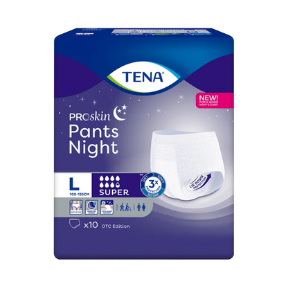 L'image montre l'emballage des TENA ProSkin Pants Night Super culottes d'incontinence de TENA – Essity Germany GmbH. Ces sous-vêtements jetables sont conçus pour les besoins en incontinence et offrent une large gamme de tailles de 100-135 cm. Ils offrent une super absorption et une protection nocturne avec des propriétés respectueuses de la peau. Le paquet contient 10 culottes, parfait pour le traitement de la faiblesse vésicale.
