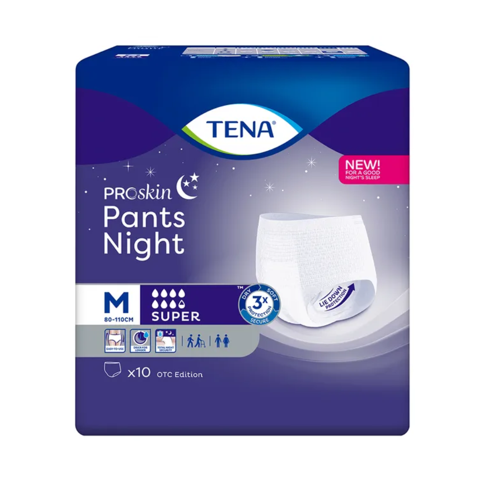 L'image montre un paquet de TENA ProSkin Pants Night Super culottes d'incontinence de TENA – Essity Germany GmbH, qui est parfait pour le traitement de la faiblesse vésicale nocturne. Le design en violet et bleu avec un bord blanc met en valeur des détails tels que la taille M, qui convient pour 80-110 cm, et contient 10 pièces par paquet.