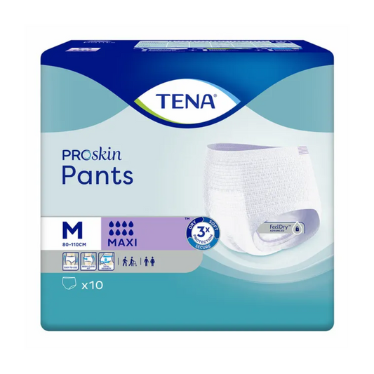 Eine Packung TENA Proskin Pants Maxi Inkontinenzhosen, mittlere Größe (80-110 cm). Die überwiegend blau-grüne Verpackung zeigt ein Bild der Einwegunterwäsche bei schwerer Blasenschwäche, die Dreifachschutz für Trockenheit bietet. Die Packung enthält 10 Stück.