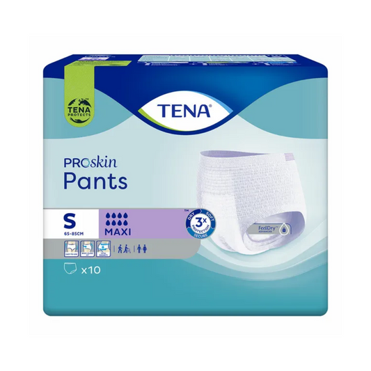 Eine Packung TENA Proskin Pants Maxi Inkontinenzhosen in Größe S (65-85 cm) mit Dreifachschutz für Trockenheit und Maxi-Saugfähigkeit. Die blau-weiße Verpackung zeigt ein Bild des Produkts mit Symbolen, die auf die Eigenschaften hinweisen, und eine Menge von 10 Stück, perfekt für Einwegunterwäsche bei schwerer Blasenschwäche.