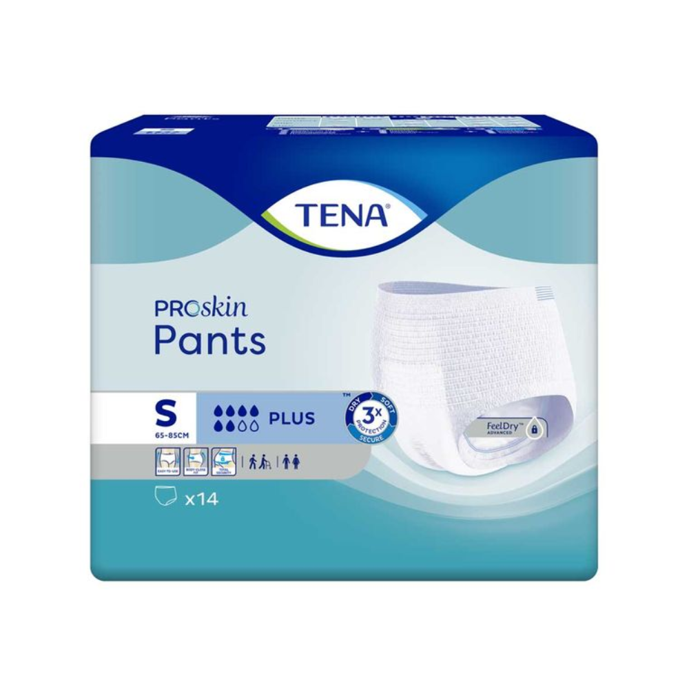 De TENA Proskin Pants Plus incontinentiebroekjes, ontworpen voor tailleomvang van 65-85 cm, worden geleverd in een verpakking die vochtverminderende technologie presenteert. Ze benadrukt lekbescherming, comfort en geurcontrole. De overwegend blauwe verpakking met witte details van TENA – Essity Germany GmbH bevat 14 stuks.