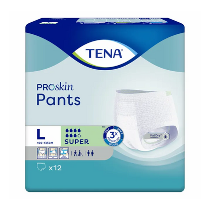 De TENA ProSkin Pants Super incontinentiebroek, maat L van TENA - Essity Germany GmbH, is geschikt voor tailleomvang tussen 100-135 cm. De verpakking presenteert zich in een blauw-groen ontwerp en bevat 12 super absorberende broeken, die perfect zijn voor de behandeling van blaaszwakte. Symbolen onderstrepen de inzet voor comfort en bescherming.
