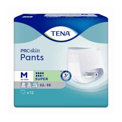 Verpakking van de TENA ProSkin Pants Super incontinentiebroekjes van TENA - Essity Germany GmbH, geschikt voor mensen met blaaszwakte, maat M (80-110 cm). Het toont een afbeelding van een incontinentiebroekje en symbolen die absorptiekracht en geslachtgeschiktheid aangeven. De verpakking bevat 12 broekjes.