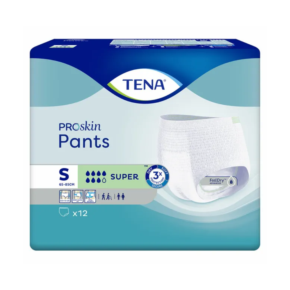 Verpakking voor TENA - Essity Germany GmbH TENA ProSkin Pants Super incontinentiebroekjes, maat S, geschikt voor een tailleomvang van 65-85 cm. De verpakking is ontwikkeld voor de behandeling van blaaszwakte en toont een afbeelding van de incontinentiebroekjes die gemarkeerd zijn met de absorptiekracht 'Super' en 'x12' stuks bevatten. De achtergrond toont een kleurverloop van blauw en wit.