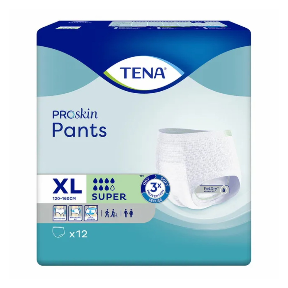 Een verpakking TENA Proskin Pants Super incontinentiebroekjes van TENA – Essity Germany GmbH, verkrijgbaar in maat XL (120-160 cm), is afgestemd op mensen met blaaszwakte. De verpakking benadrukt de absorptiekracht 'Super' en toont afbeeldingen die een veilige pasvorm en eenvoudig gebruik demonstreren. Elke verpakking bevat 12 incontinentiebroekjes.