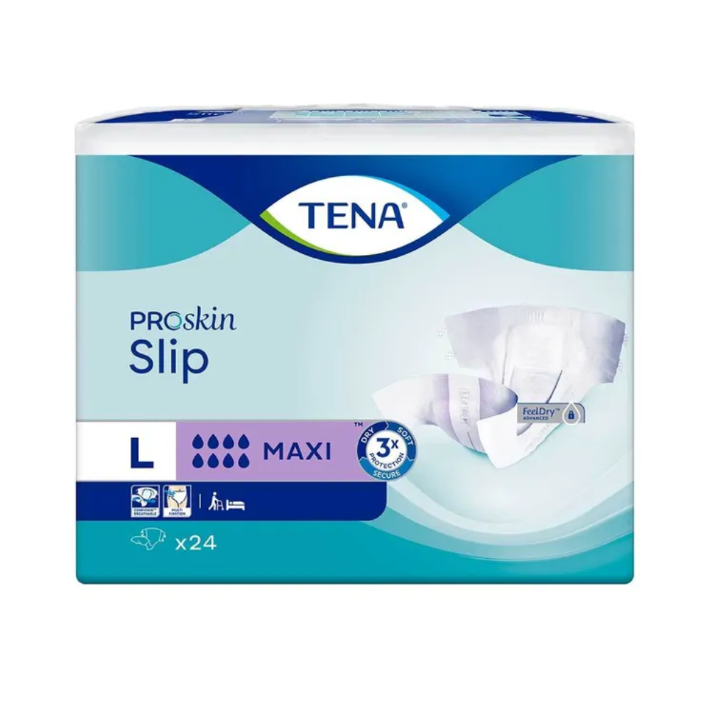 Le TENA Slip Maxi protection contre l'incontinence avec ceinture, fabriqué par TENA - Essity Germany GmbH, offre une protection exceptionnelle contre les fuites grâce à sa capacité d'absorption Maxi. L'emballage contient des images du produit mettant en avant des caractéristiques telles que des indicateurs d'humidité, un tissu respirant et un contrôle des odeurs. Cet emballage grand format contient 24 unités, adaptées à vos besoins en matière d'incontinence.