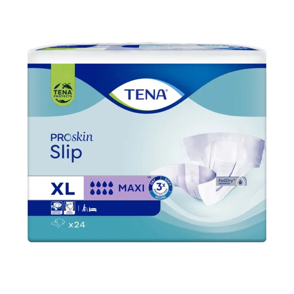Un paquet de TENA Slip Maxi protection contre l'incontinence avec ceinture, proposé par TENA - Essity Germany GmbH en taille XL, offre une capacité d'absorption 'Maxi' et intègre la technologie 'FeelDry'. Il est équipé d'une protection contre les fuites pour une sécurité supplémentaire et contient 24 pièces par paquet. Le paquet est conçu dans un schéma de couleurs bleu-vert avec des images de couches.