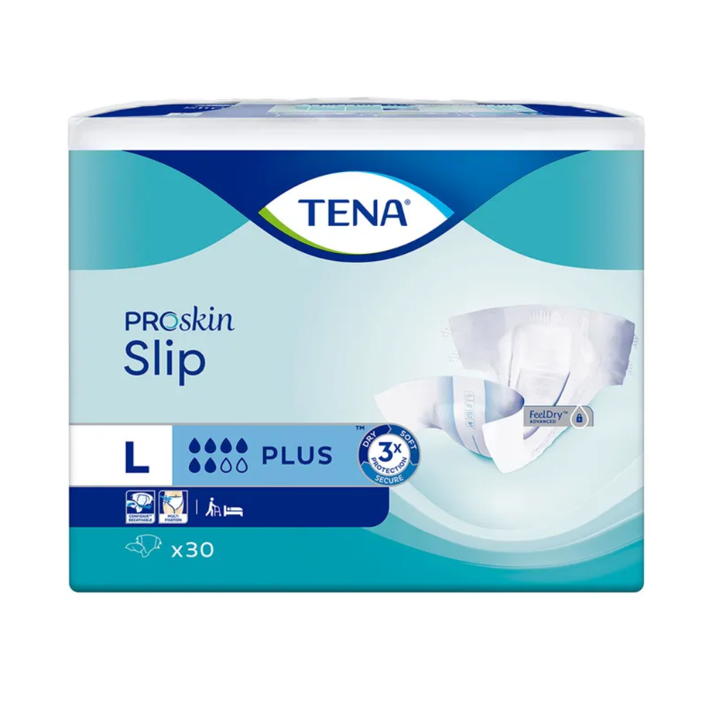 L'emballage de la protection contre l'incontinence TENA Slip Plus avec ceinture, fabriqué par TENA – Essity Germany GmbH, taille Large, met en avant son design avec des symboles indiquant des caractéristiques telles qu'une excellente absorption et une protection anti-fuite. Le schéma de couleurs est bleu et blanc, et chaque paquet contient 30 pièces.