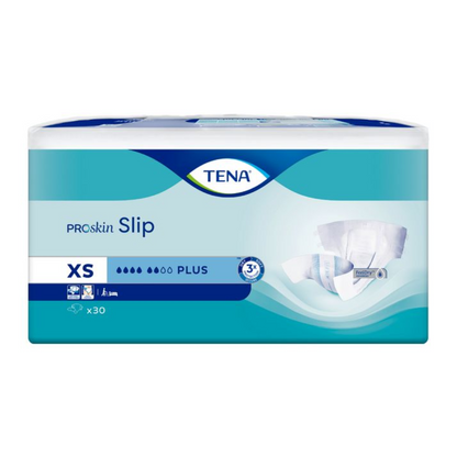L'emballage de la protection contre l'incontinence TENA Slip Plus avec ceinture en taille XS est conçu en bleu et blanc. Sur le devant, une image du produit indique la protection anti-fuite et la taille du paquet de 30 pièces.