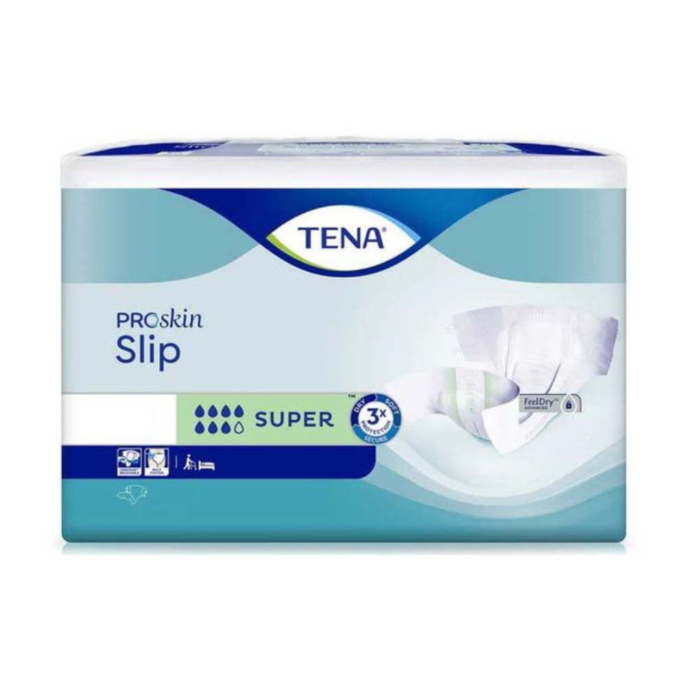 L'image montre un paquet de protections contre l'incontinence TENA Slip Super avec ceinture pour adultes. Le design principalement bleu et blanc met en avant des symboles de protection contre les fuites pour une absorption et un confort exceptionnels, avec une illustration du produit sur le côté droit, garantissant une protection fiable.