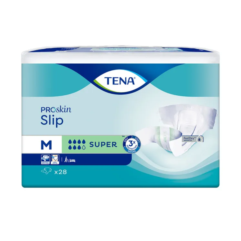 L'emballage de la protection contre l'incontinence TENA Slip Super avec ceinture, disponible en taille M, séduit par un design élégant bleu et blanc avec des accents visuels qui mettent en avant la technologie avancée de triple-séchage. Cet emballage de 28 pièces promet une protection supérieure contre les fuites pour plus de confiance et de confort, avec l'aimable autorisation de TENA - Essity Germany GmbH.
