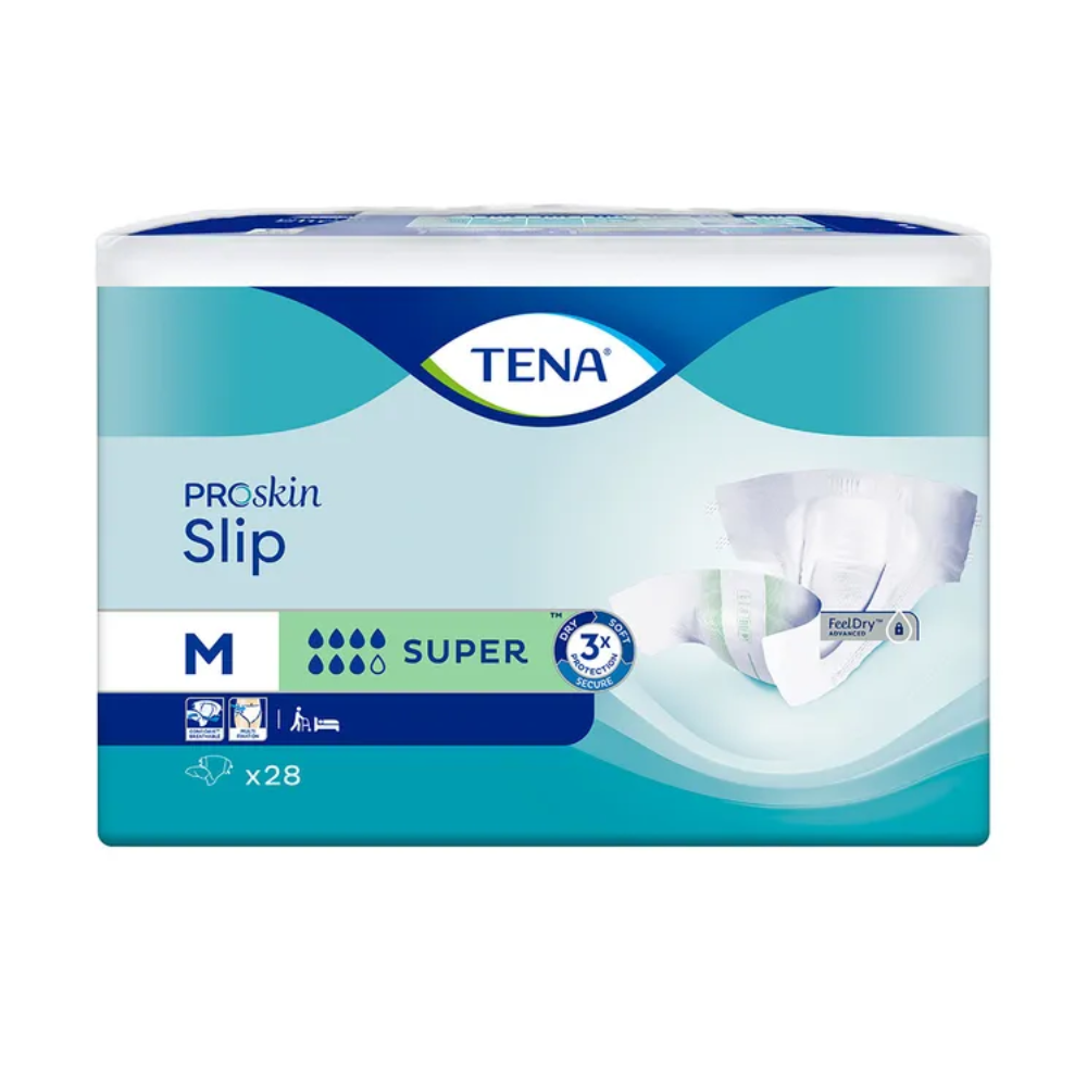 Eine Packung TENA Slip Super Inkontinenzvorlage mit Hüftbund in Größe Medium mit der Aufschrift „Super“. Die überwiegend blau-weiße Verpackung zeigt Bilder der Slips, das „FeelDry“-Logo, das Füllsymbol und einen Text, der eine Menge von 28 Stück angibt. Ausgestattet mit Auslaufschutz für zuverlässigen Schutz.