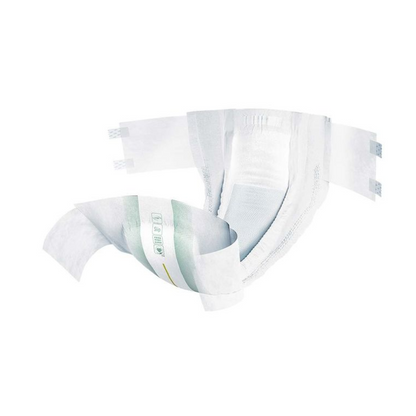 La protection contre l'incontinence TENA Slip Super avec ceinture de TENA - Essity Germany GmbH est une grande couche jetable pour adultes avec des languettes adhésives réglables et un design profilé pour un ajustement sûr. Son extérieur blanc avec des accents vert clair offre une protection fiable contre les fuites et procure une sensation apaisante au porteur.