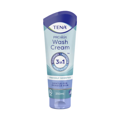 Die 250-ml-Tube TENA Wash Cream Hautpflege 3in1 von TENA – Essity Germany GmbH bietet erstklassige Hautpflege durch Reinigung, Schutz und Feuchtigkeitsversorgung. Perfekt für empfindliche Haut, bietet es einen erfrischenden Duft, der das Pflegeerlebnis noch verstärkt.