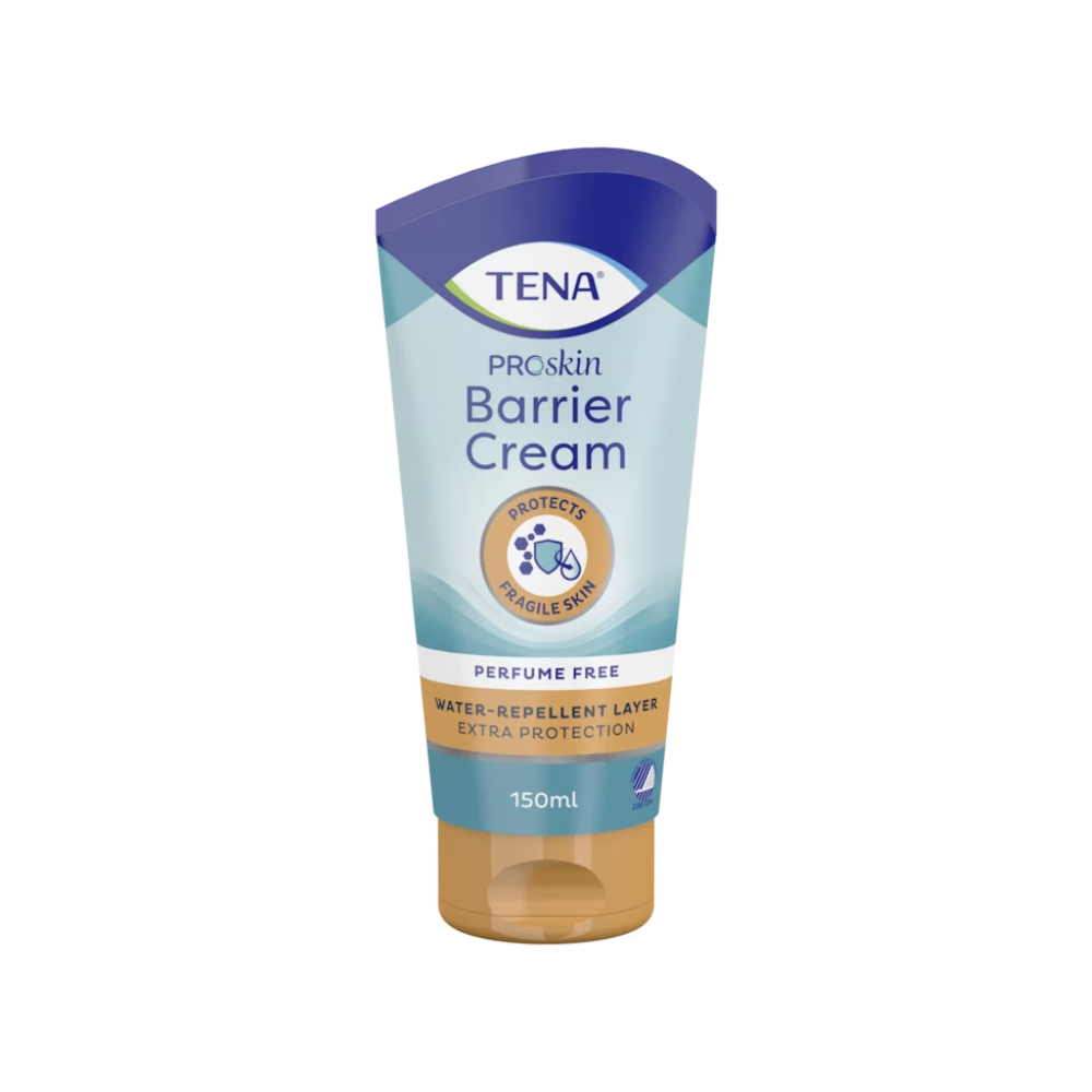 Un tube de 100 ml de crème TENA Zinc avec 10% d'oxyde de zinc de TENA – Essity Germany GmbH dans un design bleu-beige. L'étiquette souligne que la crème est sans parfum, forme une couche imperméable et offre une protection supplémentaire pour les peaux sensibles. Ce produit assure un soin doux des zones sensibles.