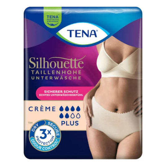 Un paquet de culottes d'incontinence TENA Silhouette Plus Crème de la marque TENA - Essity Germany GmbH, illustré par une femme présentant le produit. Ce paquet offre une protection fiable, un triple contrôle des odeurs et une absorption « Plus » pour les fuites urinaires.