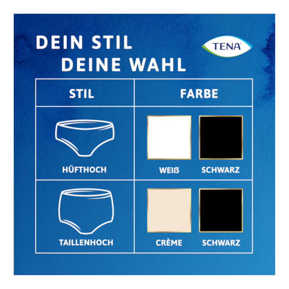 Eine Karte mit dem Titel "DEIN STIL DEINE WAHL" stellt zwei Arten von Schutzunterwäsche vor: "Hüfthoch" und "Taillenhoch". Erleben Sie diskreten Komfort mit Muster TENA silhouette Plus White von TENA - Essity Germany GmbH.