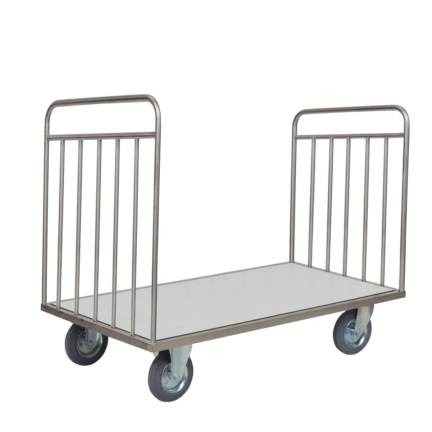 Le chariot de transport Novocal sans paroi arrière dispose d'un cadre en acier inoxydable, d'une surface plane, de côtés ouverts et de barres verticales aux deux extrémités - idéal pour le transport d'objets volumineux ou lourds. Toutes les connexions de tuyaux sont entièrement soudées pour une longue durée de vie.