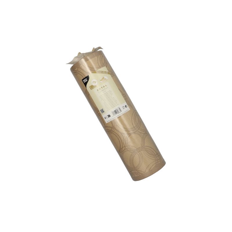 Een opgerolde verpakking van de PAPSTAR tafelloper stofachtig PV-Tissue Mix uit de ROYAL-collectie heeft een verfijnd beige geometrisch patroon. Het etiket in het midden presenteert tekst en afbeeldingen die het merk en productspecificaties van de PAPSTAR GmbH beschrijven. Verpakt in transparant kunststof, verfraait deze elegante tafelloper ruimtes met zijn verfijnde design.