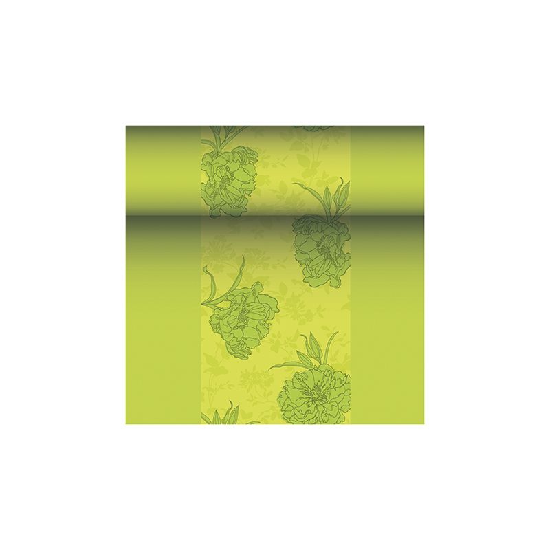 Afgebeeld is een rol behang met bloemenpatroon in groentinten, die doet denken aan de edele ROYAL Collection van de PAPSTAR GmbH. Dit ontwerp toont grote bloemen in een iets donkerder groen op een lichtere groene achtergrond en straalt daarmee een elegante charme uit, die lijkt op die van de PAPSTAR tafelloper stofachtig PV-Tissue Mix „ROYAL Collection“ in de maten 24 m x 40 cm.