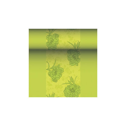 Afgebeeld is een rol behang met bloemenpatroon in groentinten, die doet denken aan de edele ROYAL Collection van de PAPSTAR GmbH. Dit ontwerp toont grote bloemen in een iets donkerder groen op een lichtere groene achtergrond en straalt daarmee een elegante charme uit, die lijkt op die van de PAPSTAR tafelloper stofachtig PV-Tissue Mix „ROYAL Collection“ in de maten 24 m x 40 cm.