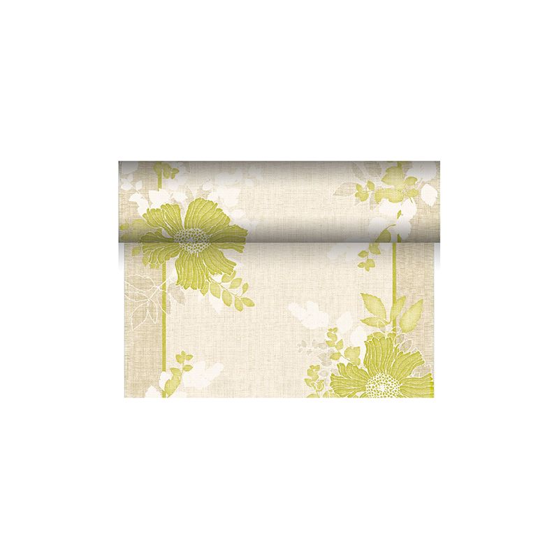 Een uitgerolde rol van de decoratieve tafelloper van PAPSTAR toont een ontwerp met grote groene bloemen en bladeren op een beige achtergrond uit de ROYAL-collectie. Dit florale patroon, benadrukt door witte accenten, staat centraal en is voor extra verfijning vakkundig gemaakt van een cellulose-viscose-tissue-mix.