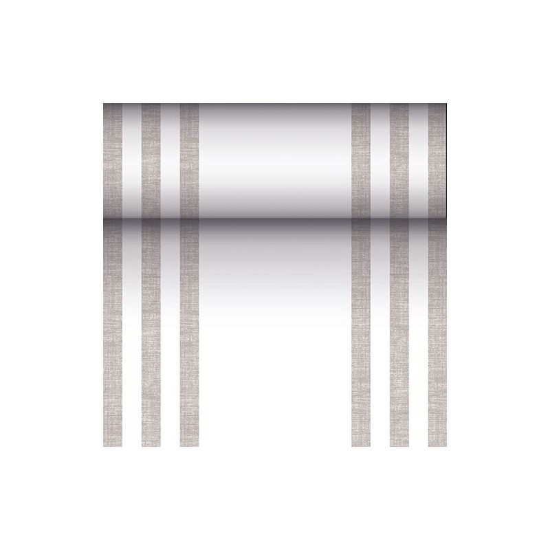 Een metallic reflecterende cilinder wordt opgehangen aan drie verticale, parallelle bruine lijnen aan elke kant en doet denken aan het moderne ontwerp van een PAPSTAR tafelloper stofachtig PV-Tissue Mix uit de "ROYAL Collection" op een witte achtergrond.