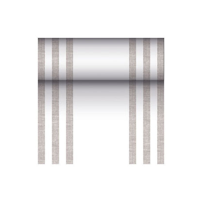 Een metallic reflecterende cilinder wordt opgehangen aan drie verticale, parallelle bruine lijnen aan elke kant en doet denken aan het moderne ontwerp van een PAPSTAR tafelloper stofachtig PV-Tissue Mix uit de "ROYAL Collection" op een witte achtergrond.