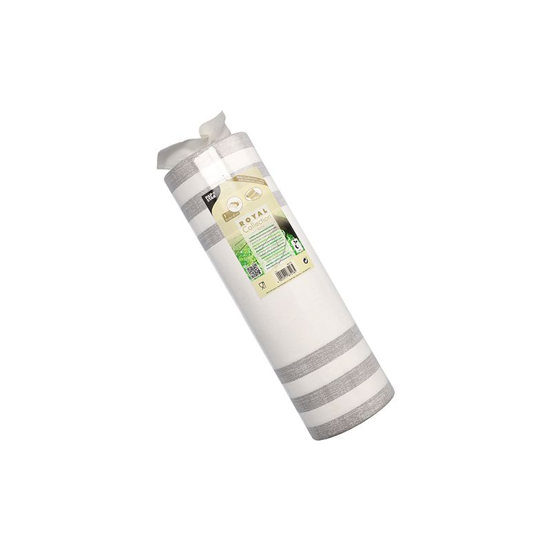 Een rol woontextiel in beige en wit gestreept uit de "ROYAL Collection" van PAPSTAR GmbH bestaat uit een PV-Tissue-mix en wordt netjes opgerold geleverd in een doorzichtige kunststofverpakking met een etiket met productdetails. Met een lengte van 24 meter en een breedte van 40 centimeter kan het elegant als tafelloper worden gebruikt.