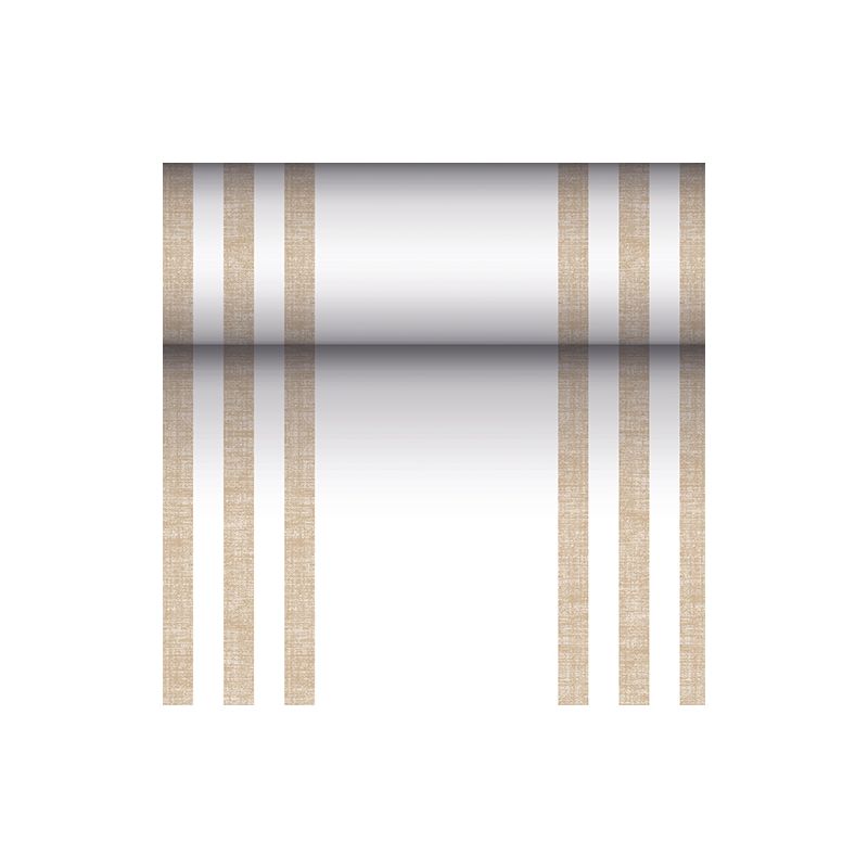 De PAPSTAR tafelloper stofachtig PV-Tissue Mix „ROYAL Collection“ van de PAPSTAR GmbH is een rechthoekige loper met de afmetingen 24 meter bij 40 centimeter, waarvan het witte oppervlak aan elke zijde is versierd met twee paar verticale bruine lijnen, die zorgen voor een symmetrisch uiterlijk. In het midden bevindt zich een kleurverloop dat in het midden donker begint en naar de randen toe lichter wordt.
