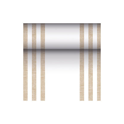 De PAPSTAR tafelloper stofachtig PV-Tissue Mix „ROYAL Collection“ van de PAPSTAR GmbH is een rechthoekige loper met de afmetingen 24 meter bij 40 centimeter, waarvan het witte oppervlak aan elke zijde is versierd met twee paar verticale bruine lijnen, die zorgen voor een symmetrisch uiterlijk. In het midden bevindt zich een kleurverloop dat in het midden donker begint en naar de randen toe lichter wordt.