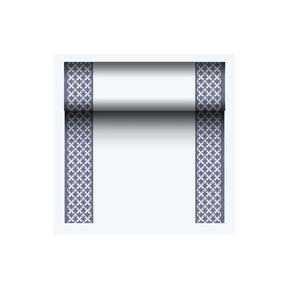 De PAPSTAR tafelloper stofachtig PV-Tissue Mix, „ROYAL Collection“ van PAPSTAR GmbH, bestaat uit een hoogwaardige cellulose-viscose-tissue-mix. Hij beschikt over twee smalle donkerblauwe randen met een zich herhalend X-patroon, voor een elegant wit middelpunt. Perfect om elke omgeving verfijning te geven.