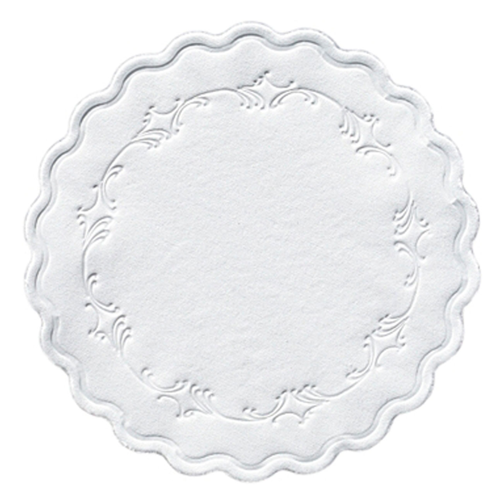 Le sous-verre en papier Duni, une petite nappe ronde et multicouche blanche de 9 cm de diamètre de la société Duni GmbH, dispose de bords ondulés et d'un motif en relief artistique le long du bord, ajoutant de l'élégance à chaque couvert et disponible en paquets de 250 pièces.