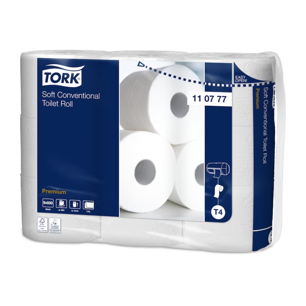 De verpakking van het Tork 110777 zachte Kleinrollen toiletpapier Premium T4 2-laags, dat 54 rollen bevat, is elegant in blauw en wit ontworpen. Het toont het merk TORK van Essity Professional Hygiene Germany GmbH prominent en benadrukt kenmerken zoals zachtheid, "zacht papier" en grootte. Perfect voor iedereen die waarde hecht aan kwaliteit bij hun Kleinrollen toiletpapier.