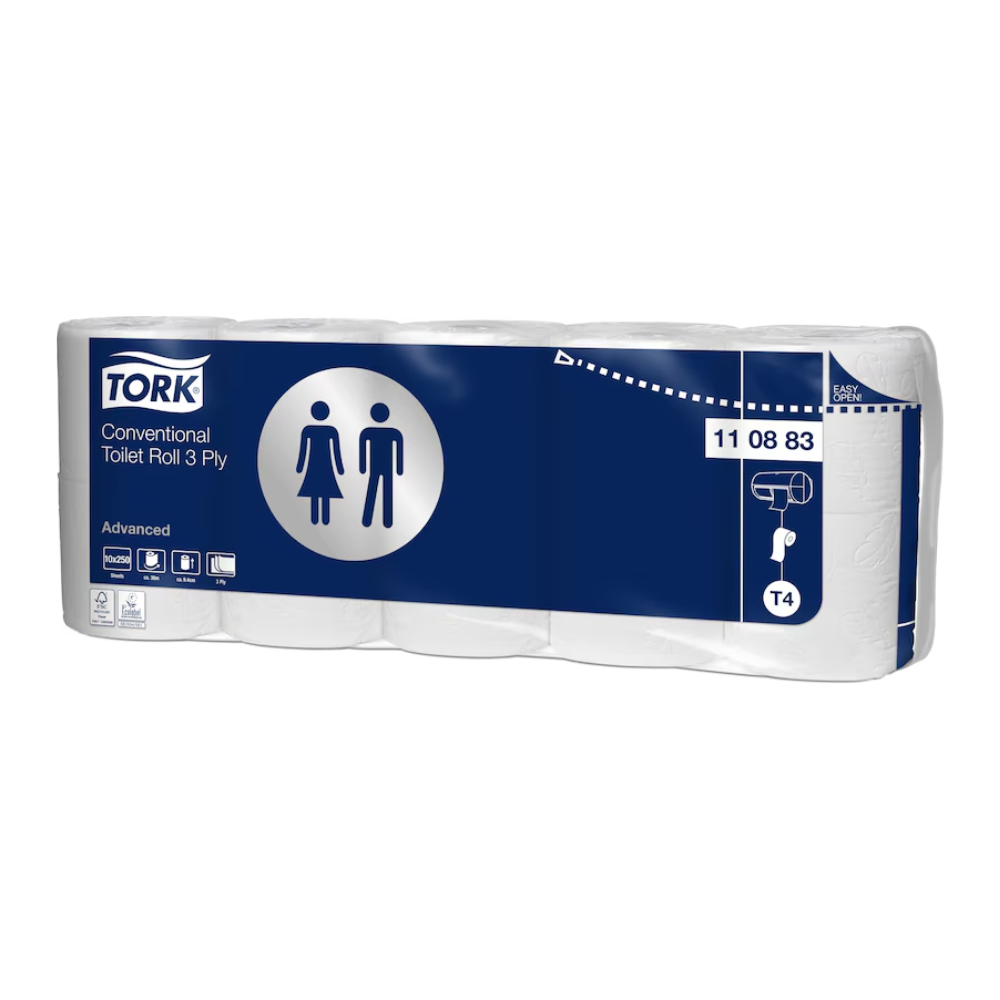 Een pak Tork 110883 extra zacht kleinrollen toiletpapier Advanced T4, 3-laags, wordt gepresenteerd in een blauw-witte verpakking met symbolen voor mannelijk en vrouwelijk om de geschiktheid voor alle gebruikers aan te geven. Deze verpakking van TORK – Essity Professional Hygiene Germany GmbH biedt met zijn geavanceerde toiletrollen ultiem comfort.
