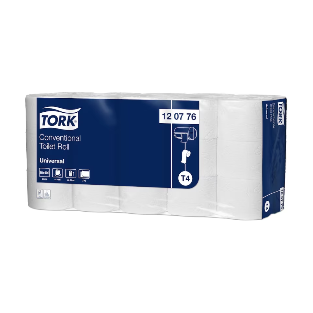 Een verpakking Tork 120776 Kleinrollen-Toiletpapier Universeel T4 in plasticfolie, met blauw-witte verpakking, waarop productdetails zoals "Kleinrollen-Toiletpapier" en "T4" staan, evenals een kleine afbeelding van een toiletpapierhouder te zien is. De verpakking bevat 30 rollen van elk 48 meter lengte en wordt geproduceerd door TORK – Essity Professional Hygiene Germany GmbH.