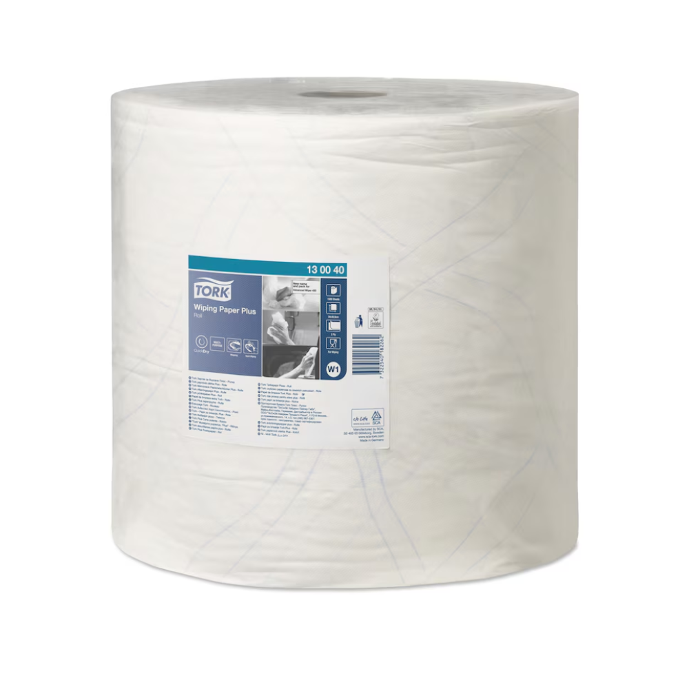 Un grand rouleau cylindrique blanc Tork 130040 de serviettes en papier multi-usages est prêt à l'emploi. L'étiquette du rouleau, ornée de texte et de symboles, contient des détails importants sur le produit. Ce papier premium à 2 couches de TORK – Essity Professional Hygiene Germany GmbH est épais et durable, idéal pour une utilisation industrielle ou commerciale et compatible avec les distributeurs muraux ou sur pied.