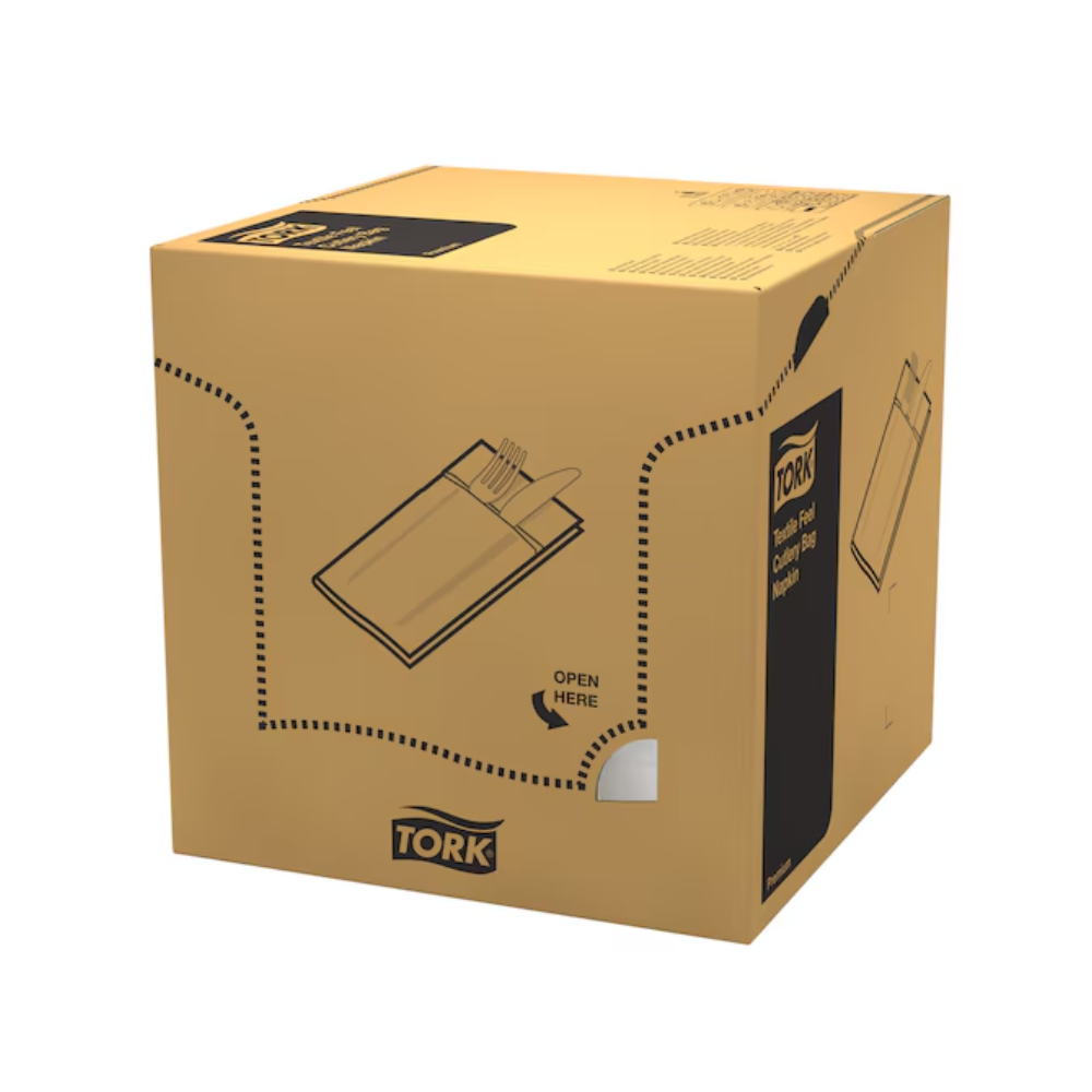 Op een grote, bruine doos zijn het logo en het merk van TORK - Essity Professional Hygiene Germany GmbH duidelijk te zien, daarnaast zijn er afbeeldingen en instructies voor het openen gedrukt. Hij is ontworpen voor het uitgeven van handdoeken of servetten en is compatibel met de Tork 13662 Tork Soft Guten Appetit Bestekzakje. Daarmee is hij de ideale keuze voor veelzijdig gebruik in elke omgeving.