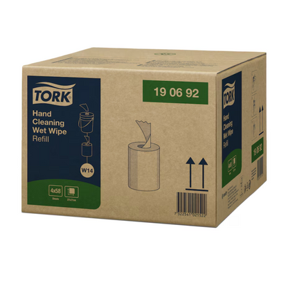 Kartonverpackung Tork 190692 Feuchte Handreinigungstücher Nachfüllung Premium W14 1-lagig von TORK - Essity Professional Hygiene Germany GmbH | Karton (4 Packungen). Die Box zeigt eine einfache Strichzeichnung eines Feuchttuchspenders und enthält Produktdetails wie Größe und Menge. Ideal zum Entfernen von Öl und Schmutz, der Barcode und die Ausrichtungspfeile sind deutlich sichtbar.