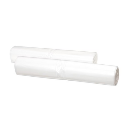 Zwei Rollen transparenter Tork 204060-Müllbeutel aus recyceltem Material werden nebeneinander vor einem schlichten weißen Hintergrund platziert.