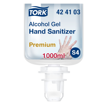 Een afbeelding van een Tork 424103 handdesinfectiegel navulling toont het etiket met 'Premium' en '1000 ml' evenals de productcode '42 41 03' voor dispensersoort 'S4'. Het etiket is versierd met een afbeelding van de handdesinfectie die de bescherming tegen ziekteverwekkers benadrukt. Het product is van het merk TORK – Essity Professional Hygiene Germany GmbH.