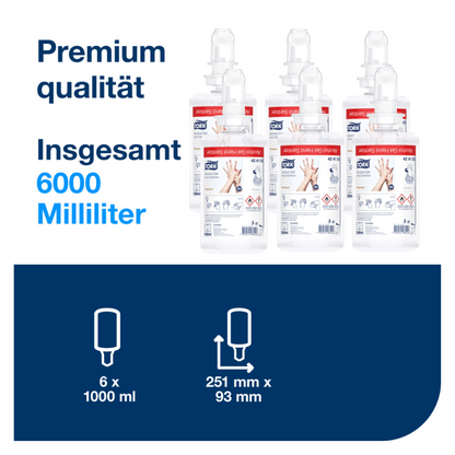 De afbeelding toont een set van zes flessen met het opschrift 'Tork 424103 handdesinfectiegel S4', waarbij elke fles in totaal 6000 milliliter bevat. De Duitse tekst benadrukt 'Premium kwaliteit' en 'In totaal 6000 milliliter'. Een diagram eronder geeft de afmetingen van 251 mm x 93 mm aan en benadrukt de effectiviteit tegen ziekteverwekkers. Het product is van het merk TORK – Essity Professional Hygiene Germany GmbH.