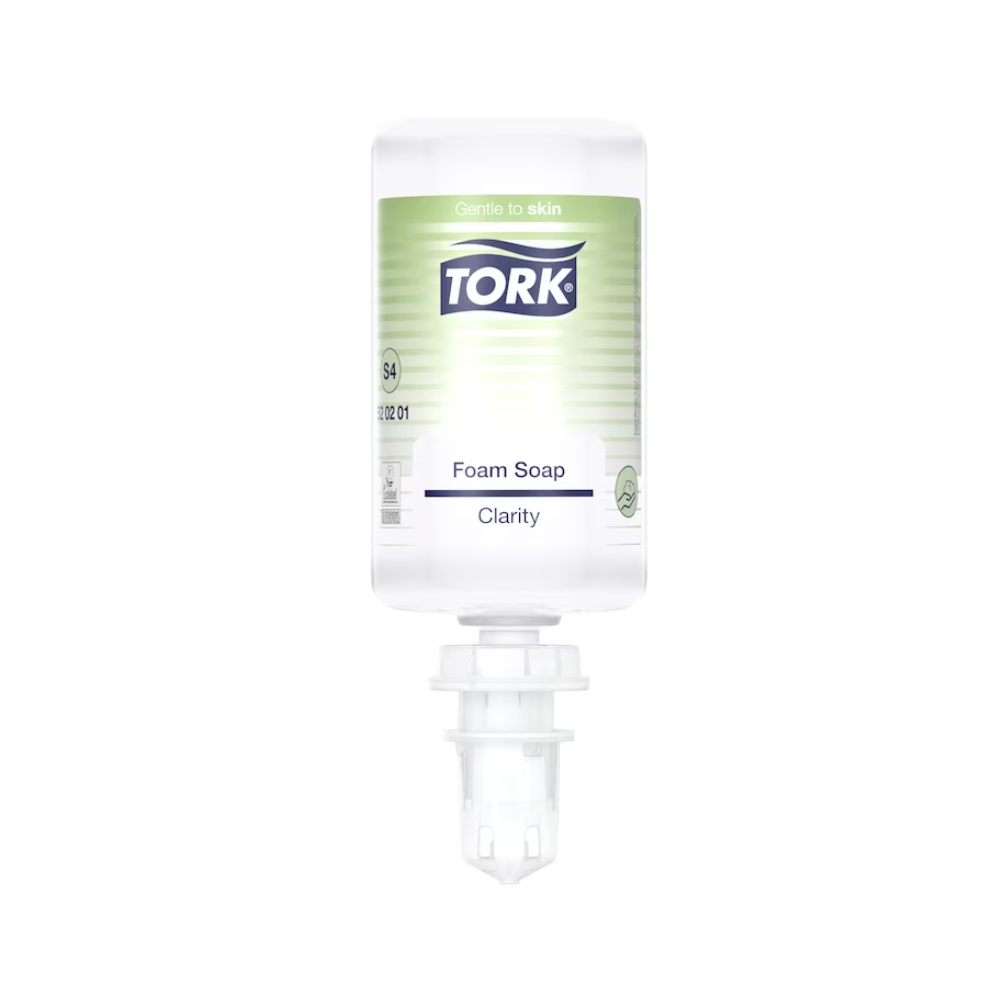 Een fles Tork 520201 Pure Hand Schuimzeep Premium S4 (1000 ml) van TORK – Essity is ondersteboven afgebeeld, met een groen-wit etiket met de productinformatie „Zacht voor de huid“, „Handhygiëne“ en „biologisch afbreekbaar“.