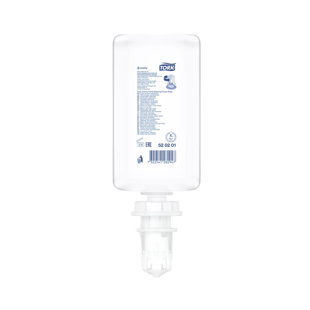 Een navulfles Tork 520201 Pure Hand Schuimzeep Premium S4 (1000 ml) van TORK – Essity is ondersteboven afgebeeld op een witte achtergrond, met een zichtbare streepjescode en een etiket dat handhygiëne en natuurlijke ingrediënten benadrukt.