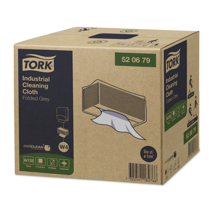 Doos met Tork 520679 industriële reinigingsdoeken Premium W4 in gevouwen grijs. De doos toont duidelijk het merk TORK van Essity Professional Hygiene Germany GmbH evenals afbeeldingen van de uitgegeven doeken. De productcode 520679 is benadrukt en onderstreept de industriële kwaliteit voor efficiënte reinigingstaken.